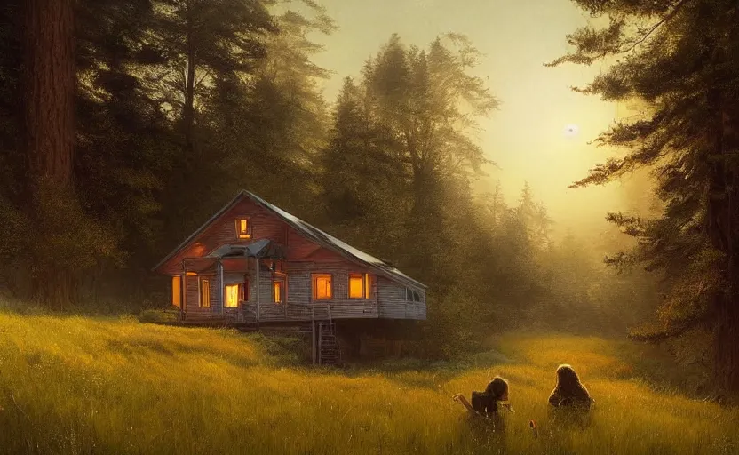 Image similar to a highly detailed epic cinematic concept art CG render digital painting artwork: small family cabin House, modern archetecture, excessove vegetation, foggy, dreamy, golden hour sunset By Greg Rutkowski, in the style of Francis Bacon and Syd Mead and Norman Rockwell and Beksinski, open ceiling, highly detailed, painted by Francis Bacon and Edward Hopper, painted by James Gilleard, surrealism, airbrush, Ilya Kuvshinov, WLOP, Stanley Artgerm, very coherent, triadic color scheme, art by Takato Yamamoto and James Jean