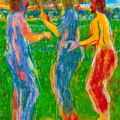 Prompt: 4 peoples dancing in the garden of eden, nature, happy, painted by Asger Jorn, Peter Doig, low-key lighting, minimalist oil paint with thick brushstrokes of paint, ultra detailed, realistic, small spot of thick melting paint drips all over, 16k