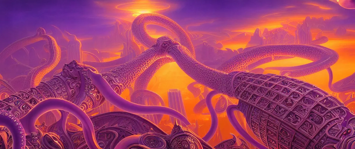 Image similar to hyperrealistic ornate sky city of atlantis on giant orange and purple cyborg tentacles matte painting concept art alex grey kay sage sorayama cinematic soft red lighting high angle hd 8k sharp shallow depth of field