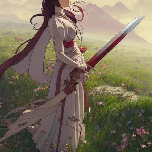 Image similar to the knight and the sword of rose petal, anime, castle core, mountains, rocky roads. by hayao miyazaki and rossdraws and artgerm and greg rutkowski and alphonse mucha and studio ghibli and ilya kuvshinov. high quality, stunning, intricate detailed environment. 8 k