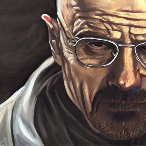 Image similar to walter white face to face with rick grimes, oil painting