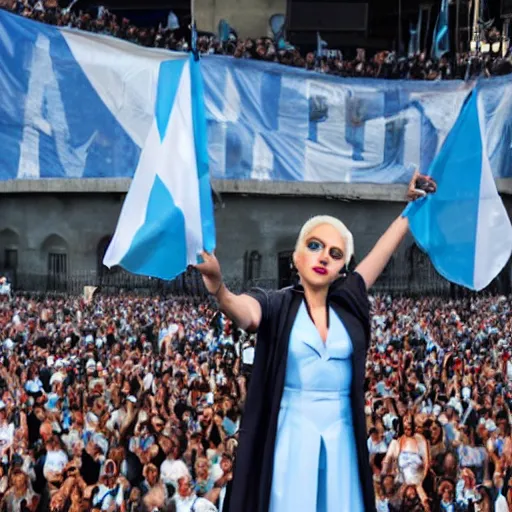 Image similar to Lady Gaga as Evita, Argentina presidential rally, Argentine flags behind, bokeh, epic photo, detailed face, Argentina