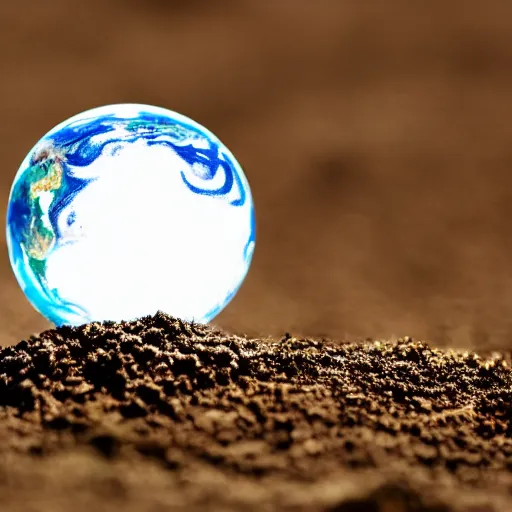 Image similar to macro photo bright day of a tiny sphere containing an oasis world placed on the ground gobi desert in background