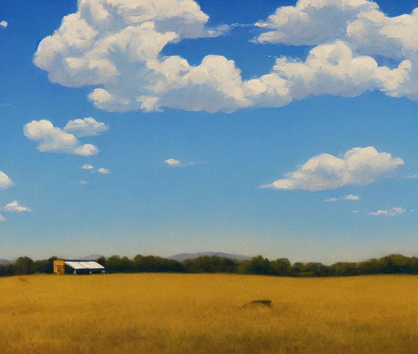 Prompt: a very detailed painting of one billboard on a meadow, billboard has written on it do aliens exist?, baby blue sky with very aesthetic stylized clouds, in the style of edward hopper, very small brushstrokes, 4 k,