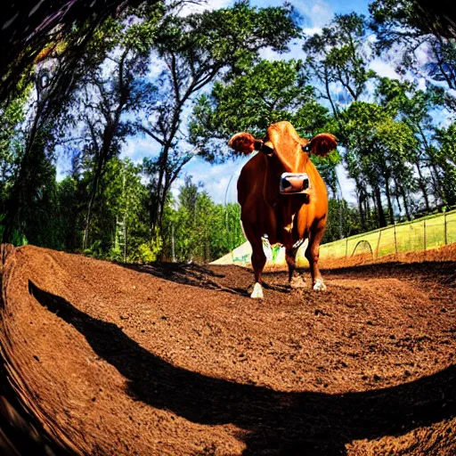 Image similar to a cow standing on a motocross track, fisheye lens