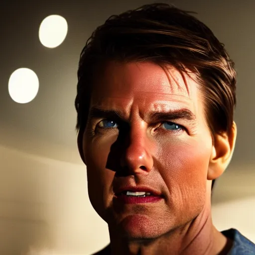 Image similar to a still of Tom Cruise. Shallow depth of field. City at night in background, lights, colors ,studio lighting, mood, 4K. Profession photography