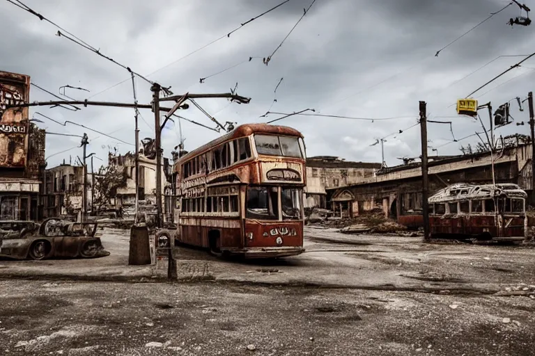 Prompt: low wide angle shot of dilapidated fallout 5 europa, temperate european hamlet, desolate, dilapidated neon signs, few rusted retro futuristic vintage parked vehicles like cars, buses, trucks, trams, volumetric lighting, photorealistic, daytime, autumn, sunny weather, sharp focus, ultra detailed, 4 0 0 0 k