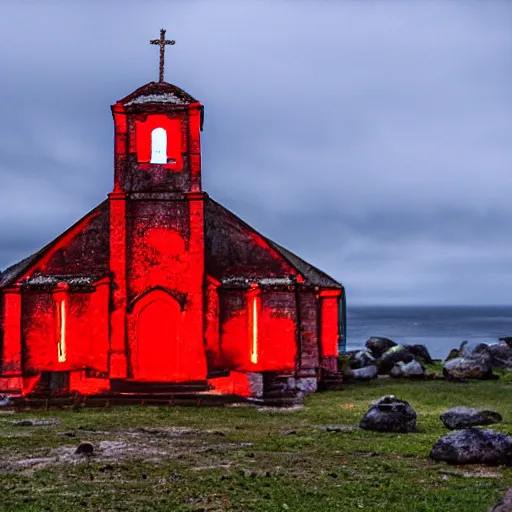 Prompt: church of biboran, man's with red glowing eyes