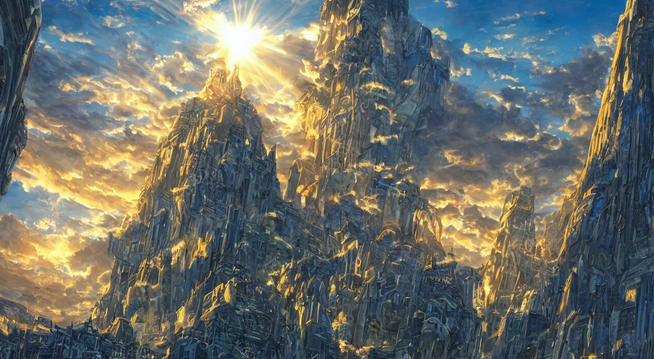 Image similar to fortress accadamy of tower cristal a spectacular view cinematic rays of sunlight comic book illustration, by john kirby