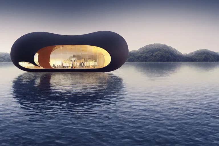 Prompt: a building formed by the intersection and combination of egg shaped spherical spaces of different sizes, on the calm lake, people's perspective, future, interior wood, marble, award winning, highly detailed 4 k art, dusk, unreal engine highly rendered, global illumination, radial light, internal environment by kazuyo sejima