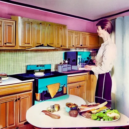 Prompt: a smart home kitchen in 1 9 7 4 color