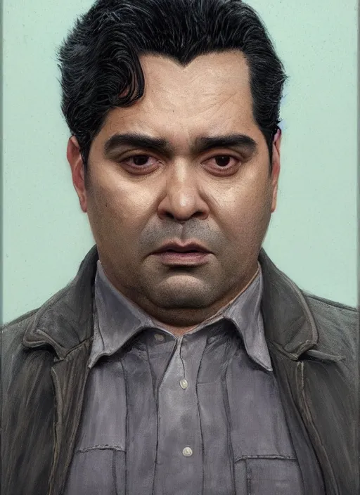 Prompt: portrait of Harvey Guillen from the TV series What We Do in the Shadows (2019), highly detailed, centered, solid color background, digital painting, artstation, concept art, smooth, sharp focus, illustration, artgerm, donato giancola, Joseph Christian Leyendecker, Les Edwards, Ed Repka, WLOP, Artgerm