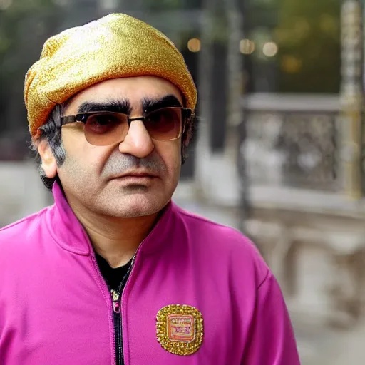 Image similar to jafar panahi, clean shaven, wearing an umbro pink tracksuit and gold necklace with large star shaped intricate gold medallion