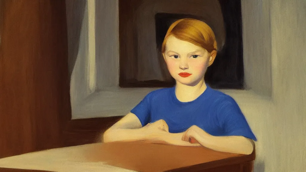Prompt: A decent young girl portrait by Edward Hopper.