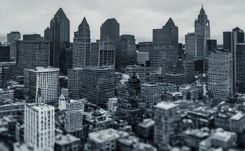 Image similar to photograph of Godzilla in Columbus Ohio, one point perspective, 1-point perspective, tilt shift, sigma 85mm f/1.4, 4k, depth of field, high resolution, 4k, 8k, hd, full color