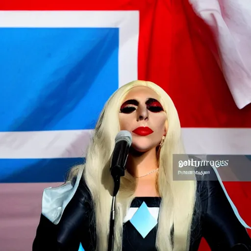 Image similar to Lady Gaga as president, Argentina presidential rally, Argentine flags behind, bokeh, giving a speech, detailed face, Argentina