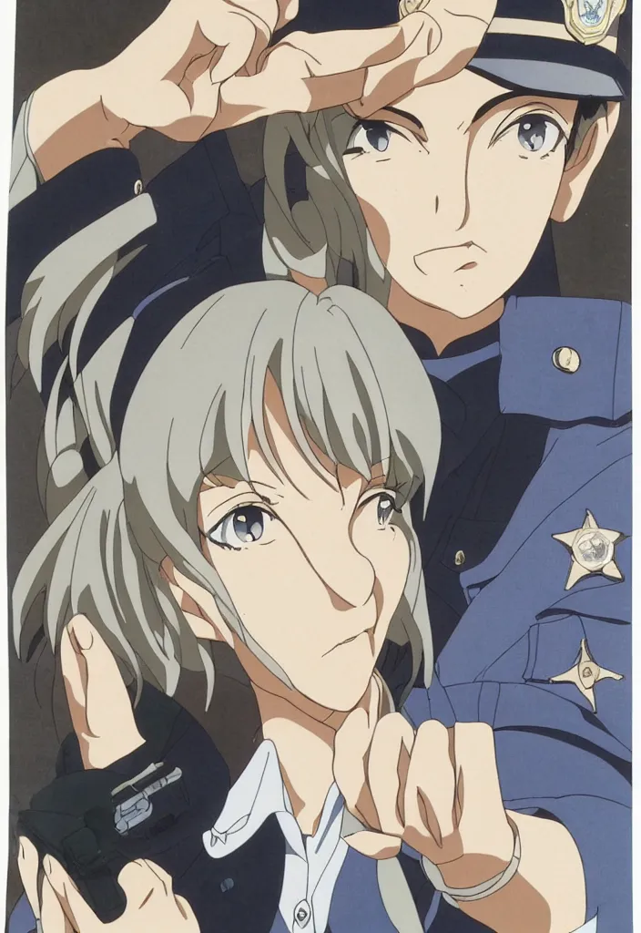 Prompt: a police woman, animation cel for anime movie, designed by haruhiko mikimoto