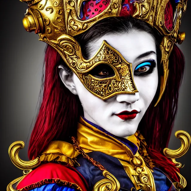 Image similar to female warrior jester with ornate venetian mask, highly detailed, 8 k, hdr, close up, smooth, sharp focus, high resolution, award - winning photo, artgerm