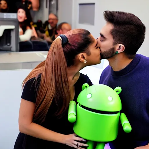 Image similar to ariana grande kissing an android robot mascot at the tech lab 4k photo