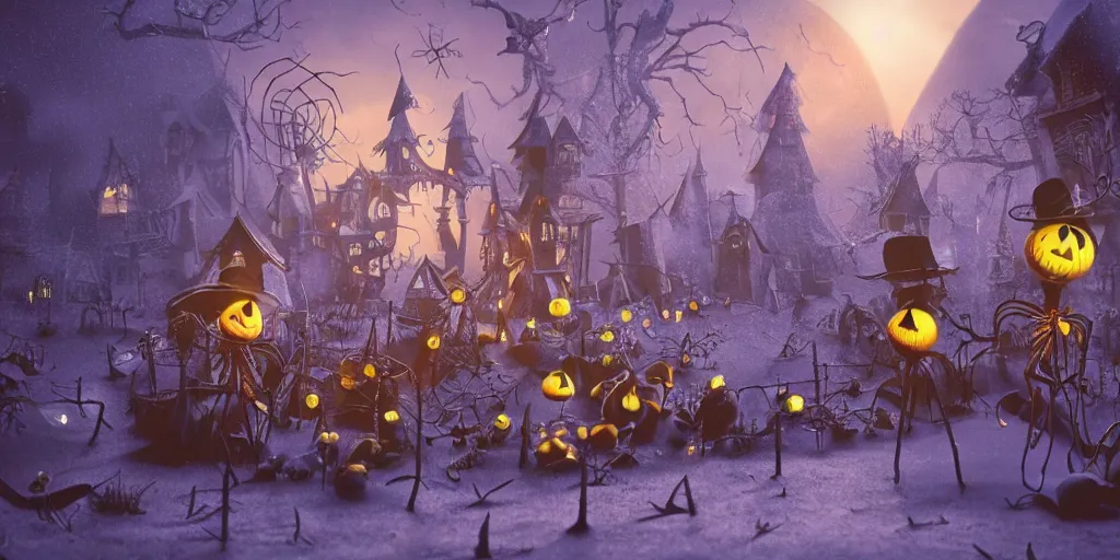 Image similar to a scene from tim burtons nightmare before christmas, halloween town, illustration, reality, wide shot, light colors, highly detailed, sharp focus, cinema 4 d, 3 d, octane render