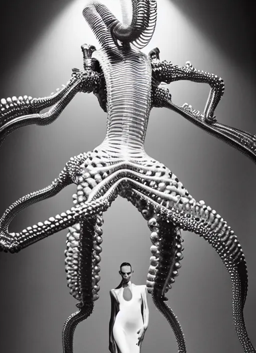 Prompt: walking down the catwalk, steven klein, show, stage, vogue photo, podium, fashion show photo, historical baroque dress, iris van herpen, beautiful woman, full body shot, masterpiece, inflateble shapes, alien, predator, guyver, jellyfish, white biomechanical details, highly detailed