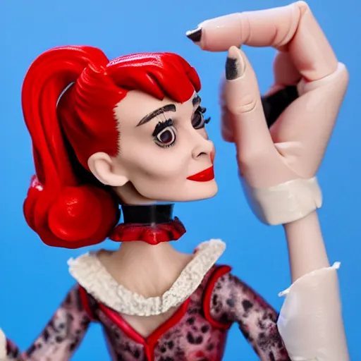 Image similar to audrey hepburn cos play, professional dog walker, stop motion vinyl action figure, plastic, toy, butcher billy style