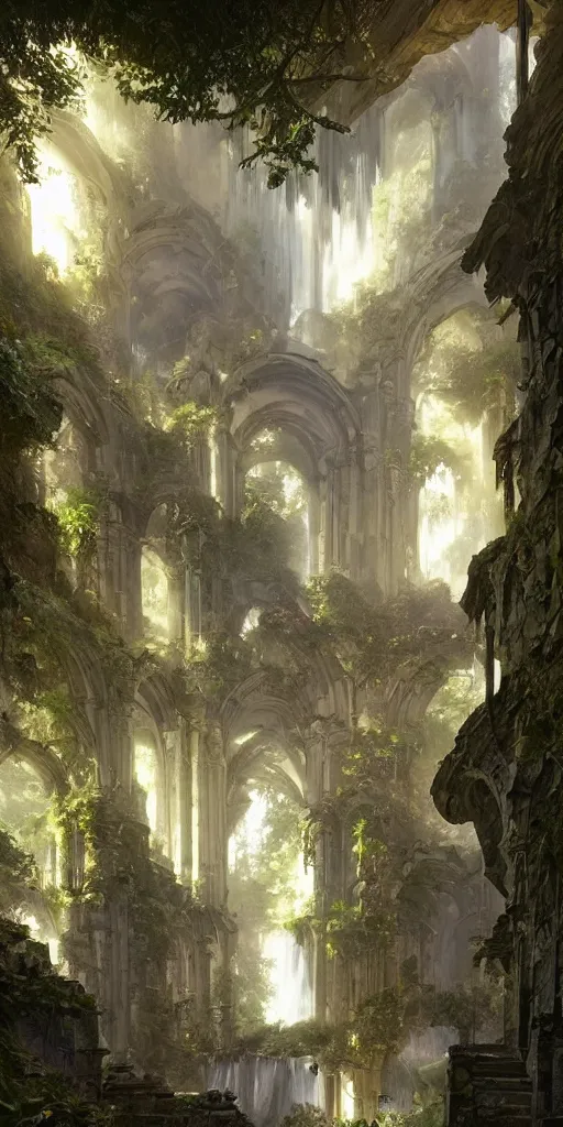 Image similar to detailed interior of the monastery ruins, waterfall walls, lush vegetation, light shafts, the glowing throne, stunning atmosphere, by greg rutkowski, style of peter mohrbacher, nature by asher brown durand