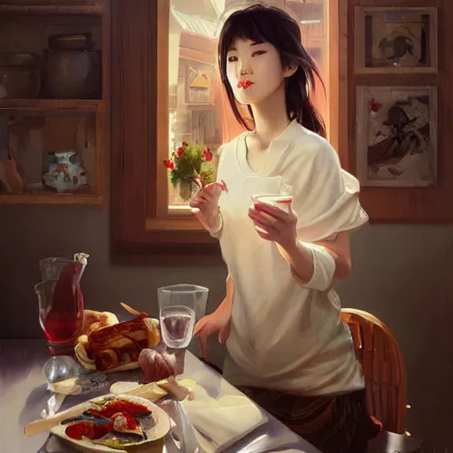 Prompt: a dinner date with the cute Asian girl next door, slice of life, modern, realistic, looking at the camera, happy! casual!! medium shot. highly detailed, digital painting, artstation, concept art, matte, sharp focus, illustration, art by Artgerm and Greg Rutkowski and Alphonse Mucha