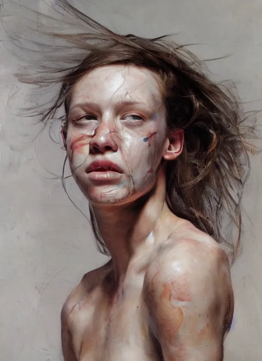 Image similar to high quality high detail painting by jenny saville, hd, a skinny beautiful androgenous person, hair in wind, photorealistic lighting