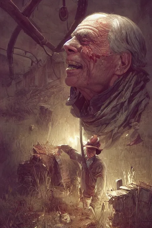 Image similar to stephen king as hillbilly farmer, village, intricate, highly detailed, smooth, artstation, digital illustration by Ruan Jia and Mandy Jurgens and Artgerm and Wayne Barlowe and Greg Rutkowski and Zdislav Beksinski