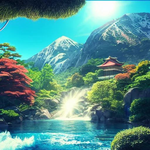 Image similar to mountains, sun, water, japan house, 3 d render, illustration, animals, waterbodies, soft, concept art, intricate details, highly detailed, colorful, photorealistic, disney pixar, octane render, iridescent, anime, 8 k