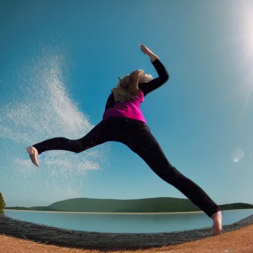 Image similar to a woman falling at a lake, fast shutter speed, high speed, action photo, 1 / 1 0 0 0 sec shutter, fish - eye lens