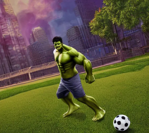 Image similar to hulk playing soccer in the park, ultra realistic, hdr, 8 k, award winning, by joe jusko