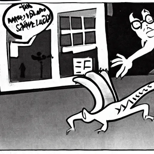 Image similar to charles mingus chasing after a lizard, 1 9 5 0 s cartoon style