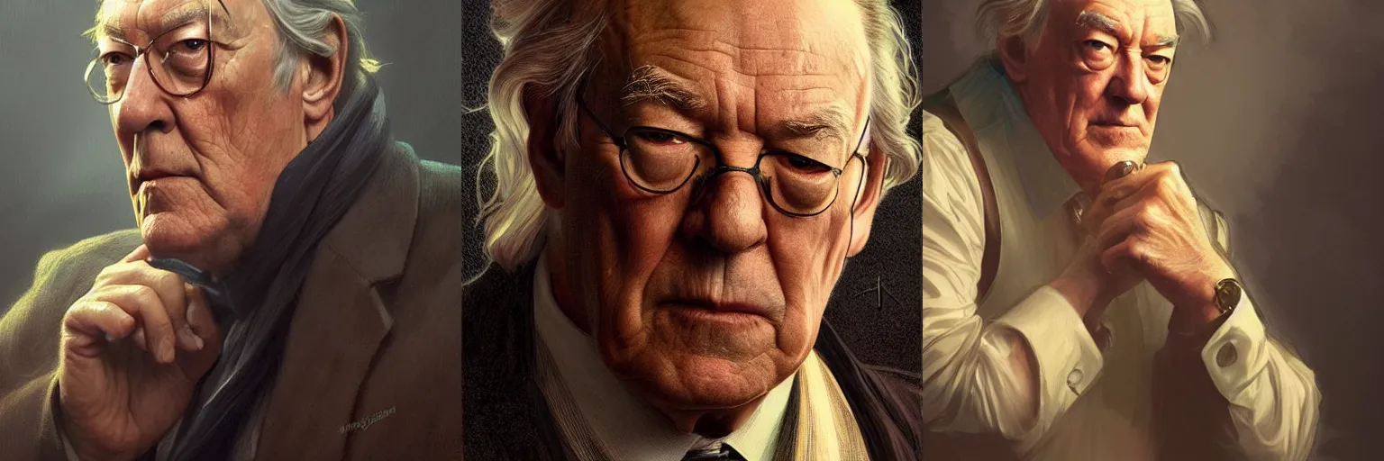 Prompt: portrait of Michael Gambon as a detective, highly detailed, digital painting, artstation, concept art, sharp focus, illustration, art by artgerm and greg rutkowski and alphonse mucha