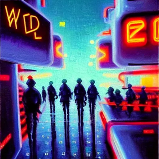 Image similar to world war in the year of 2 0 7 0!!!!!!!!!!, ( ( futuristic technologies, neon lights ) ), oil painting, highly detailed