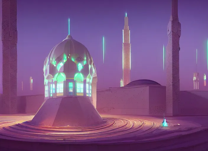 Prompt: a luminescent cyberpunk mosque in arabia by paolo eleuteri serpieri and tomer hanuka and chesley bonestell and daniel merriam and tomokazu matsuyama, unreal engine, high resolution render, featured on artstation, octane, 8 k, highly intricate details, vivid colors, vector illustration