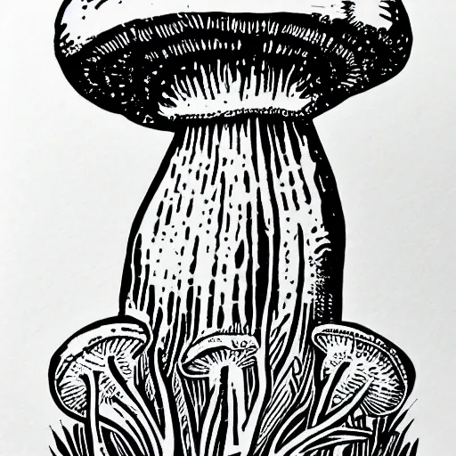 Image similar to a linocut engraving of an intelligent mushroom