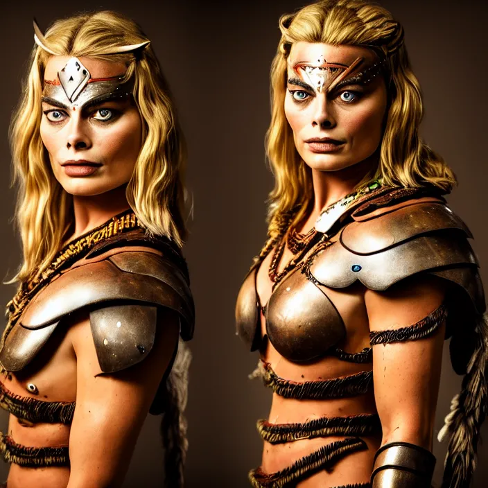 Prompt: full length portrait photograph of a margot robbie as an amazon warrior, Extremely detailed. 8k