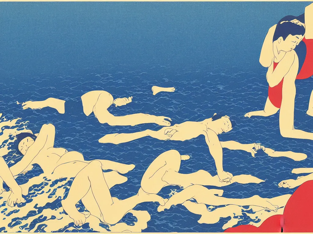 Image similar to Crying uncontrollably by the beach, flat design, screen print by Kawase Hasui, jeffrey smith and Yves Klein