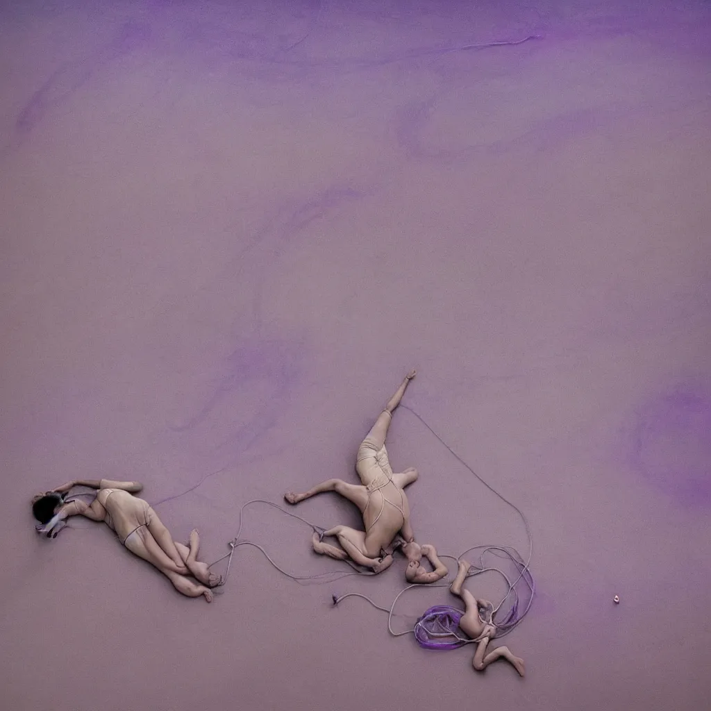 Image similar to overhead view of iridiscent oil spill in desert sand tempest with women corpses connected by cables and computers to wax forms to a buried baby relaxing on yoga mat, faded, purple gradient, dust, purple fog, depth of field, by edward burtynsky, hans bellmer and nadav kander, 8 k, sad atmosphere, cinematic