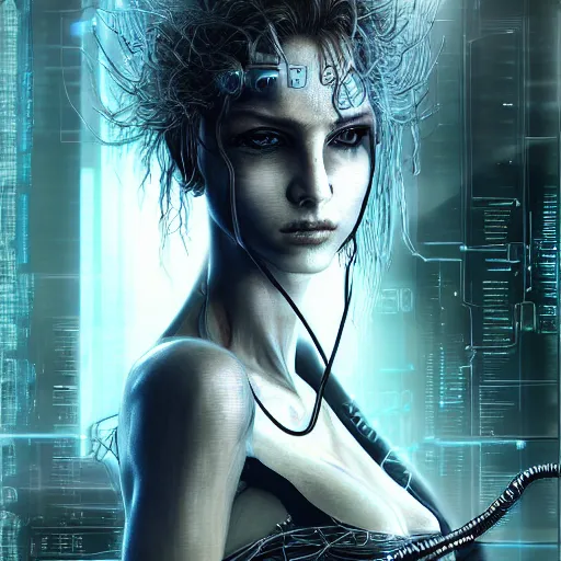 Prompt: portrait photo of a cyberpunk woman plugged into a quantum computer with cables and wires and optic fibers. cyberpunk horror style. art by luis royo. highly detailed 8 k. intricate. 5 5 mm.