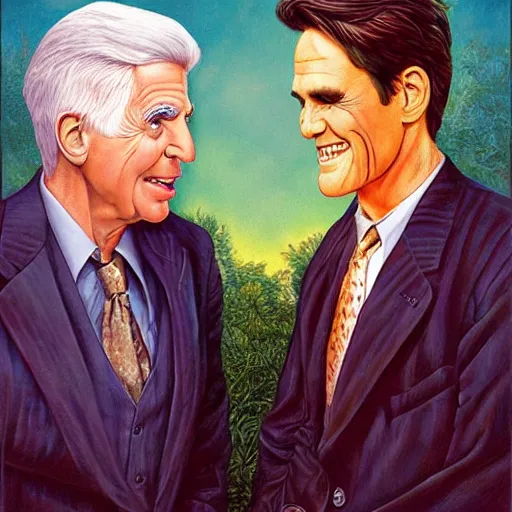 Image similar to Leslie Nielsen and Jim Carrey, artwork by Daniel Merriam,