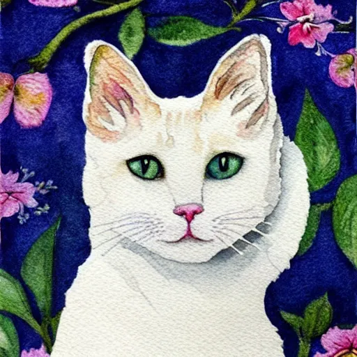 Prompt: watercolor of white short haired cat, happy, beautiful, style of william morris print