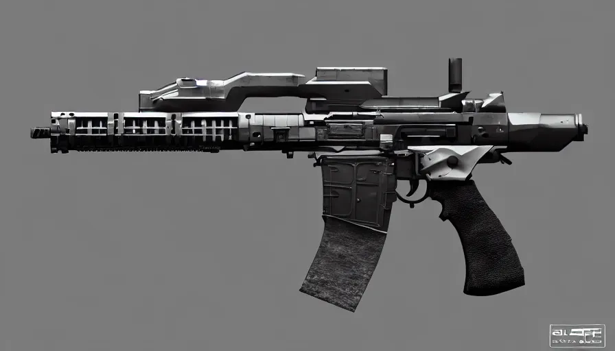 Prompt: extremely detailed realistic side view of a sci fi assault rifle, detailed pistol trigger, chemically propelled, massive battery, caseless ammunition, railgun, chemrail, gauss rifle, bullpup, elegant sleek smooth body, white paint, sleek utopian design, ultra quality, realistic, octane render, call of duty, warframe, terminator