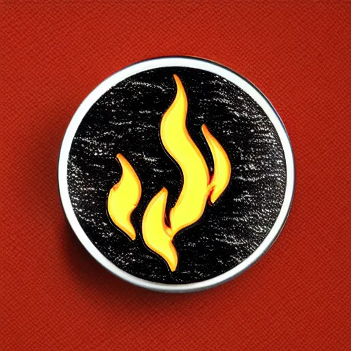 Image similar to a retro minimalistic fire flame warning caution label enamel pin, hd, concept art, artstation