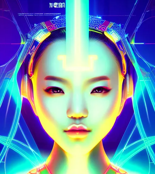 Image similar to symmetry!! asian princess of technology, solid cube of light, hard edges, product render retro - futuristic poster scifi, lasers and neon circuits, beautiful asian princess, intricate, elegant, highly detailed, digital painting, artstation, concept art, smooth, sharp focus, illustration, dreamlike, art by artgerm