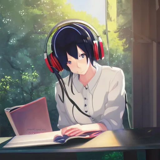 Image similar to Anime painting of a black haired girl wearing headphones while studying in her warm cozy home, by makoto shinkai, relaxed, calm, atmospheric, peacefull, trending on artstation, kimi no na wa