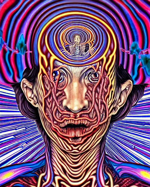 Image similar to human spirit breaking away from the body, conjuring psychedelic background, part by shintaro kago, part by alex gray, ross tran, james jean, ultra realistic, highly detailed, 8 k, trending on artstation, symmetry