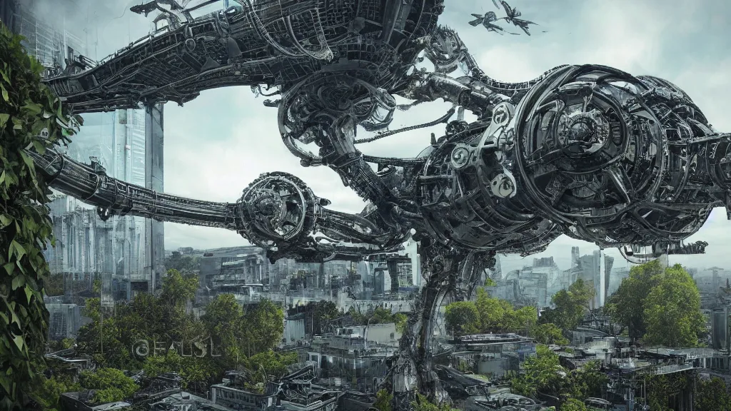 Prompt: organic mechanical metal osprey aircraft, giger influenced with ornate intricate details, with black smoke pumped out, sunny blue sky, landed on futuristic glass and concrete heliport, ornate buildings covered with green moss, vines and blue foliage, with cyborg female soldiers in the foreground wearing stealth transparent clothing, daytime, wet floor on streets, matte painting, unreal engine, cinematic camera, bloom, mirrors edge